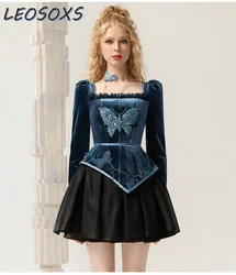 LEOSOXS French Retro Style Velvet Dress 2024 Autumn/winter Embroidery Butterfly Applique Elegant Temperament Evening Dress Women