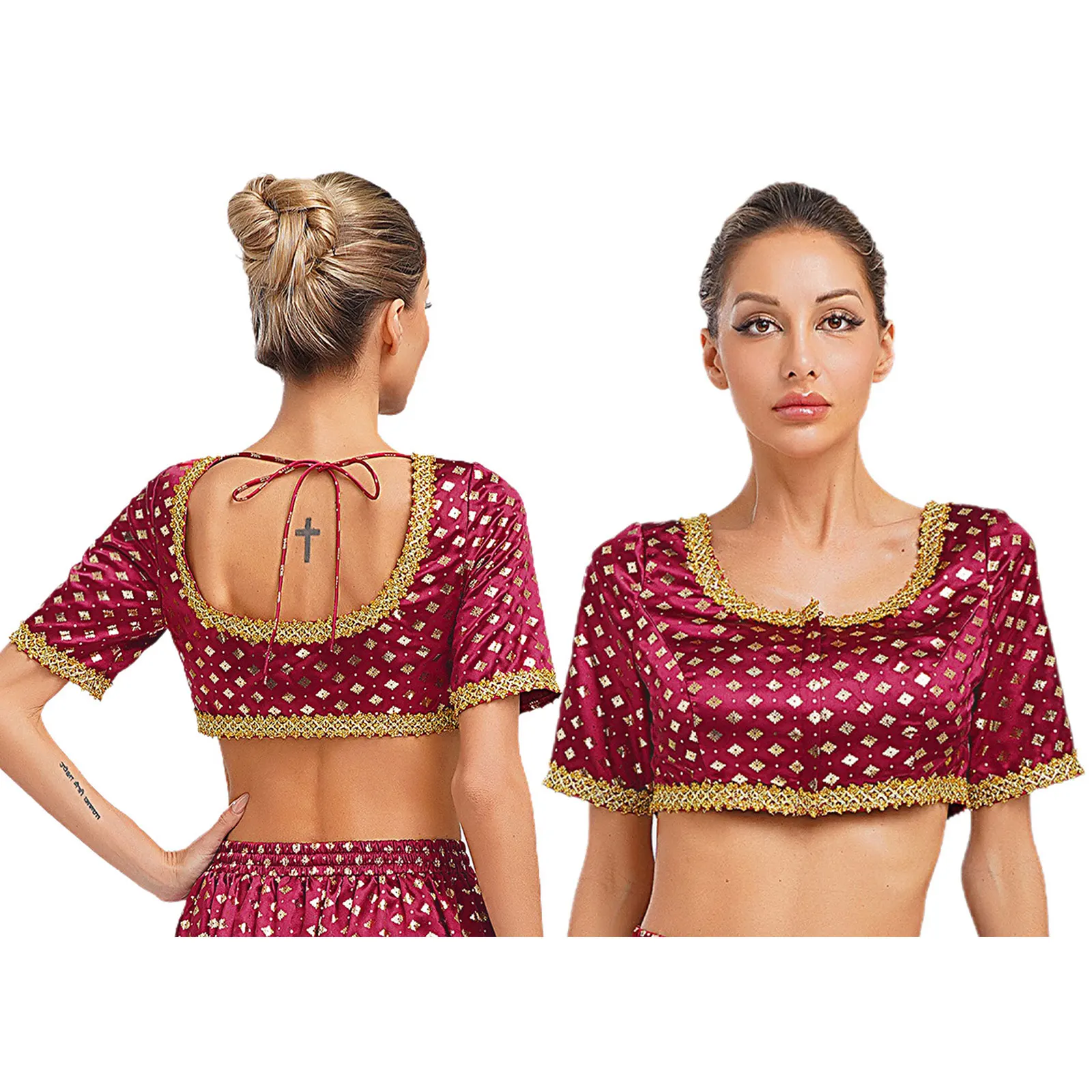 

Women Female Latin dancing Cloth Belly Tango Metallic Floral Print Satin Top U-Back Short Sleeve Gold Trim Padded Blouse