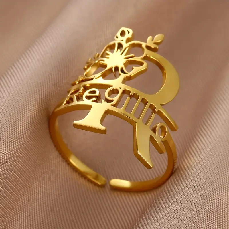 Treebud Customized Flower Name Rings Stainless Steel Personalized Capital Letters Adjustable Open Ring For Women Jewelry Gifts