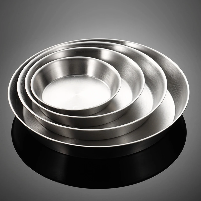 

304 Stainless Steel Round Non-stick Cake Pan Pizza Baking Tray Steamed Food Barbecue Storage Plate Kitchen Tools