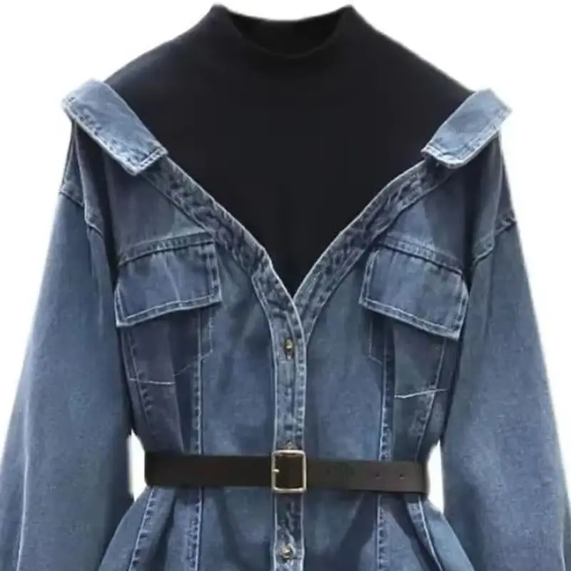 

2025 Fashion Design Fake Two Denim Jacket Women Spring Autumn Casual Cowboy Top Splicing Denim Shirt Jackets Female Denim Coat