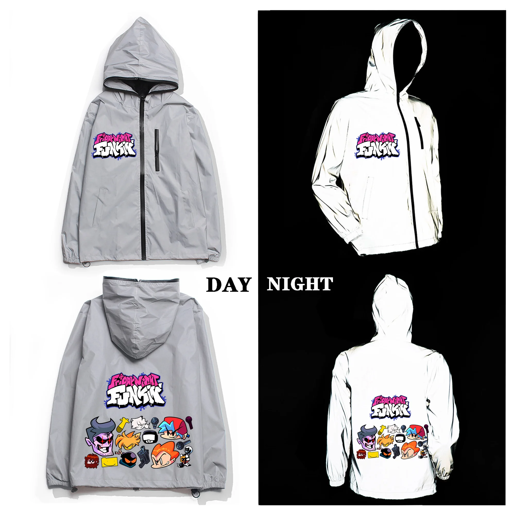 Funkin Cartoon Night Game Friday Reflective Jacket Mens Womens Coat Hooded Windbreaker Run Pocket Jackets Zipper Custom Hoodie