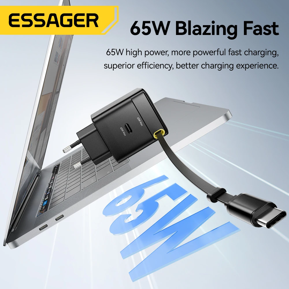 Ładowarka Essager 65W GaN z wysuwanym elastycznym kablem PD Szybkie ładowanie dla iPhone 16 15 Laptop Macbook Ładowarka do telefonu typu C — zdjęcie produktu 4