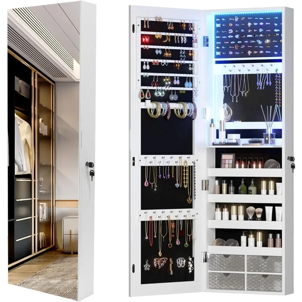 

47.2" LED Jewelry Mirror Cabinet, Wall/Door Mounted Jewelry Armoire Organizer with Full-Length Mirror, Storage Hanging Cabinet