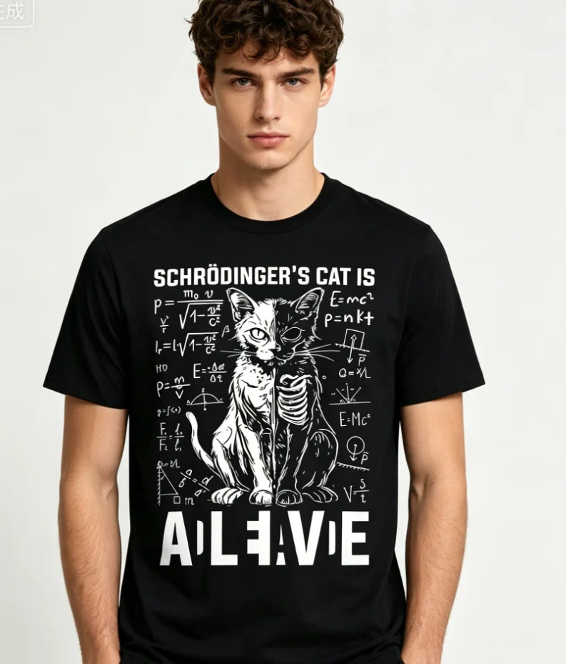 Men's Schrodinger's Cat Life and Death Physics Graphic T-Shirt - Soft and Cozy Black Comfy Design, Ideal for Everyday Wear Tee.