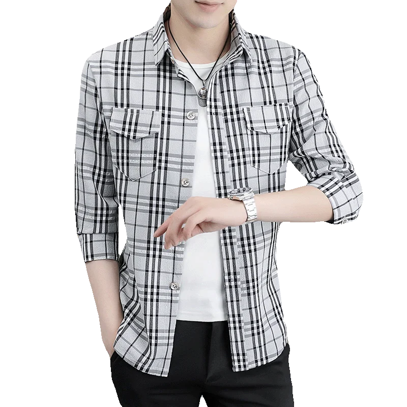 قمصان رجالية منقوشة بقصة ضيقة 2025 بدلات صيفية نصف كم سترة عالية ملابس الشارع الشهير معاطف مدقق رفيعة ملابس علوية غير رسمية تي شيرت