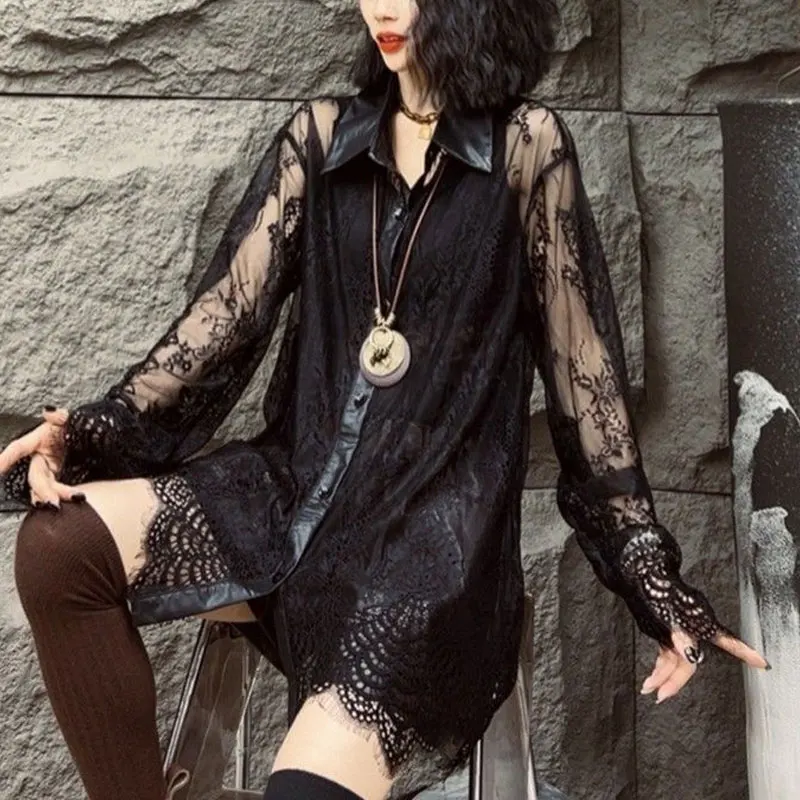 Fashion Sexy Lace Hollow Out Shirt Female Clothing Turn-down Collar Spliced Spring Autumn Commute Single-breasted Loose Blouse