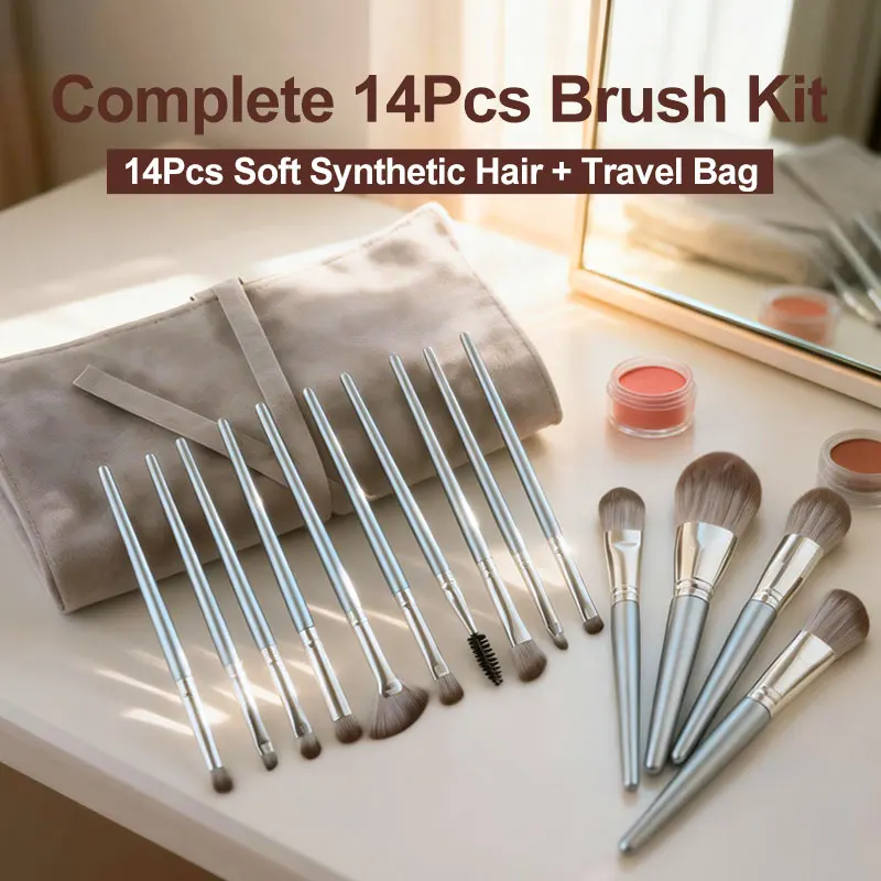 

14Pcs Professional Makeup Brush Set with Travel Bag, Soft Synthetic Hair for Foundation Contour Eyeshadow, Cosmetic Tools Gift