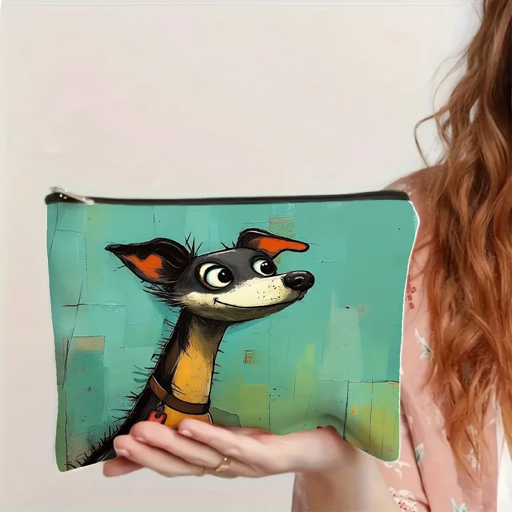 Una simpatica borsa per il trucco con motivo volto di cane con sfondo verde acqua: custodia multifunzionale con cerniera, borsa per riporre gioielli