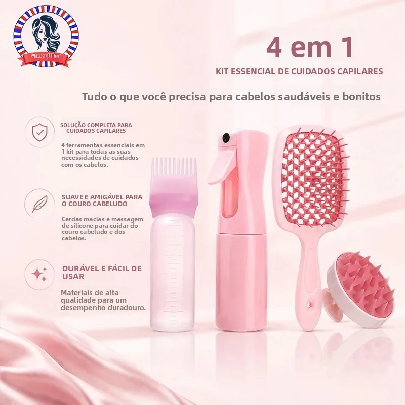 4 pçs/set rosa silicone couro cabeludo massagem pente desembaraçar escova de cabelo cabeleireiro aplicador de tintura de cabelo garrafa ferramentas estilo salão de beleza