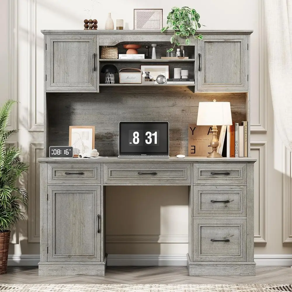 

67 Grey Executive Desk with Hutch, 5 Drawers, Storage Cabinet, and Charging Station - Perfect for Home Office and Study