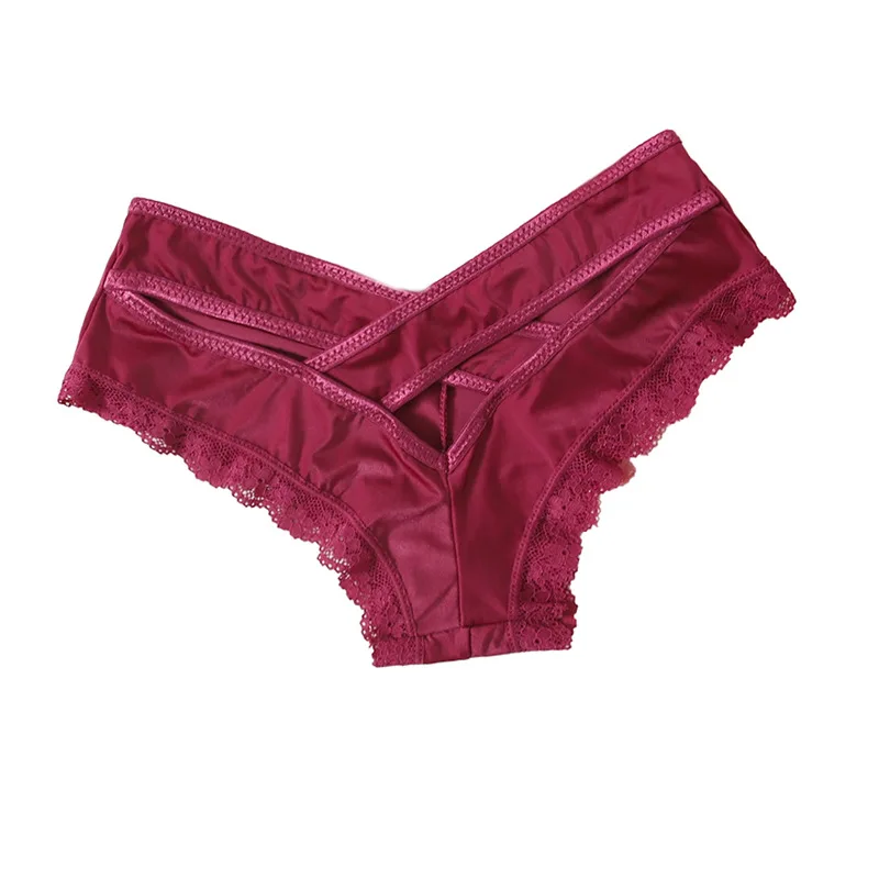 Sexy Women Lace Low-waist Panties Female Ice silk Brief Underwear Ladies Cross Strap Hollow out Lingerie G String Underpa
