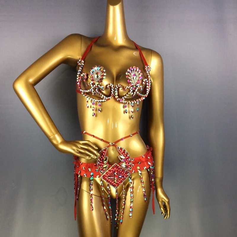 New Sexy Samba Carnival Wire Bra & Belt Costume 2pcs/Set Rainbow stones CB003 4colors