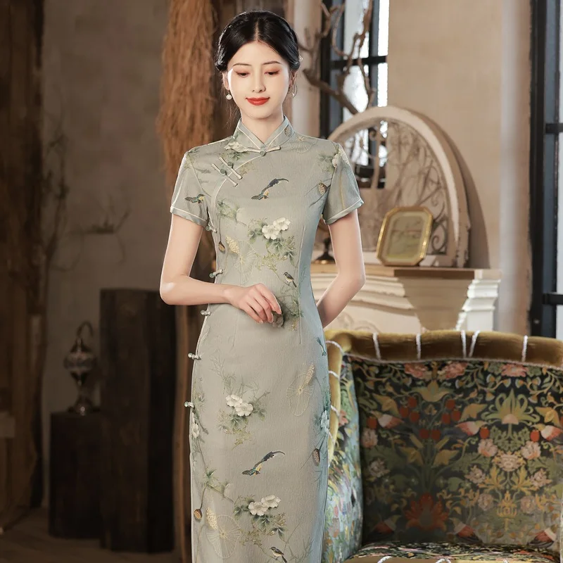 Gray Chinese Style Improve Cheongsam Female Vintage Elegant Summer Dress Women Modern Sweet Girl Qipao Fashion China Costume Ne