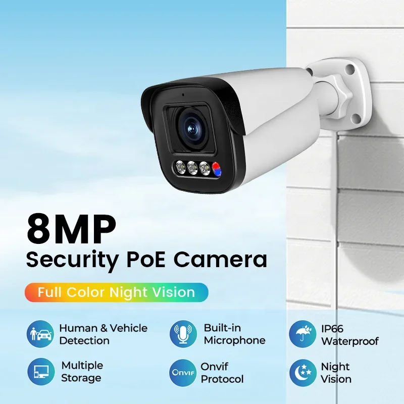 2026 OEM/ODM 8MP CCTV Camera with 2.8mm Fixed Lens Colorful Night Vision & Human Detection POE Security Built-in SD Card CMOS Se