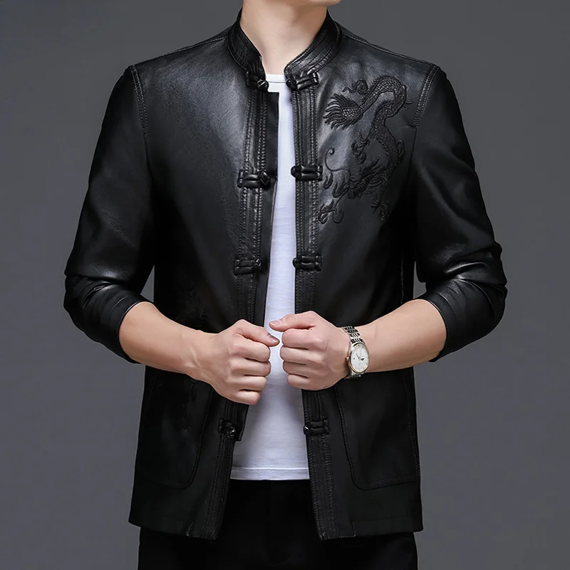 

Genuine Leather Jacket Men Casual Standing Collar 's Jackets Single-breasted Coat for Embroidery Coats Jaquetas