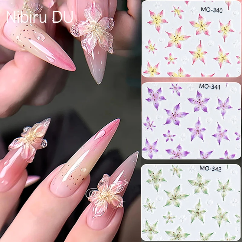 

5D Sticker Lily Flower Nail Decals Jelly Nail Art Decorations Acrylic Adhesive Gel Sliders Summer Stickers Manicure Accessories