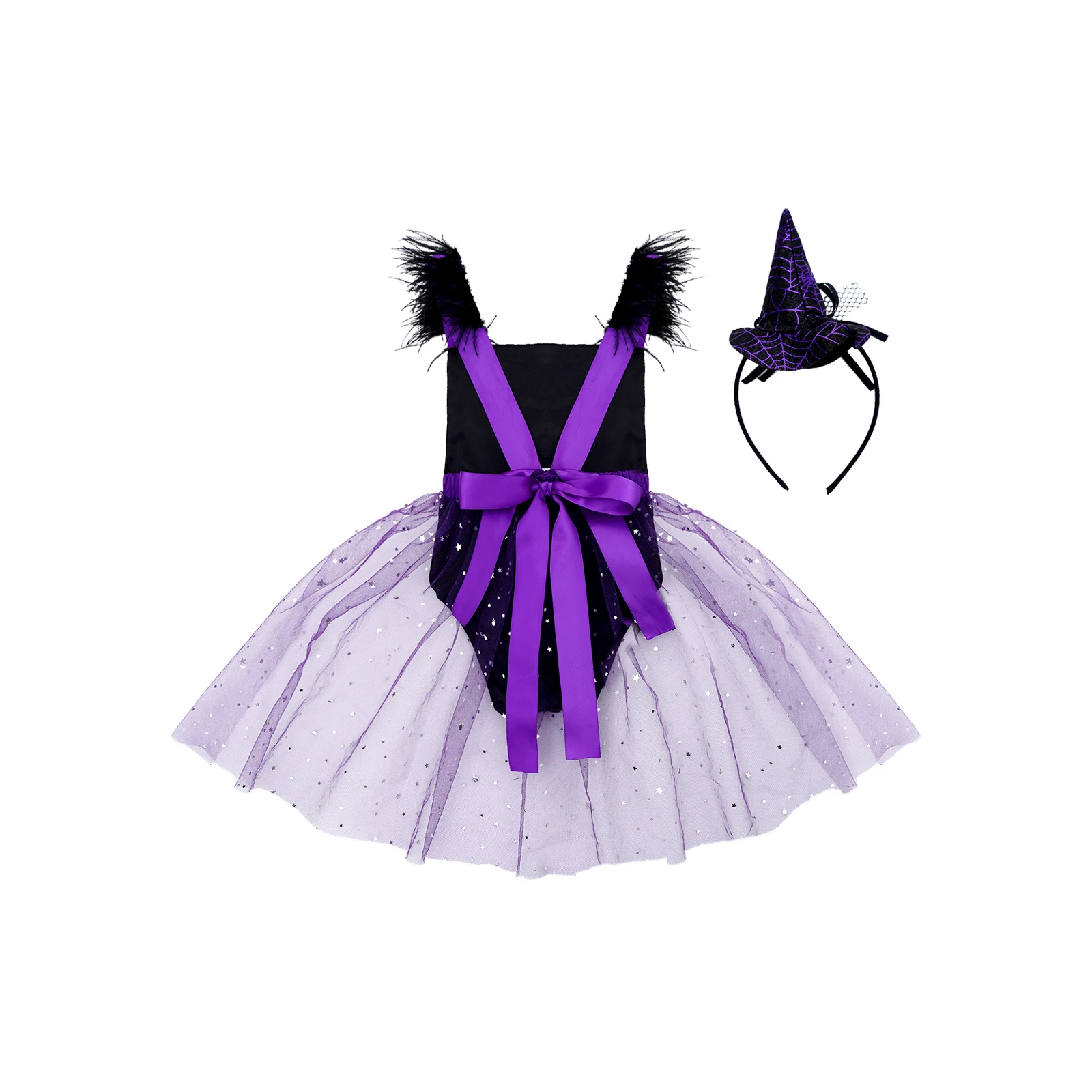 Toddler Girls Halloween Witch Costume Purple Sorceress Mesh Tutu Dress Romper with Hat for Themed Party Festival Role Play