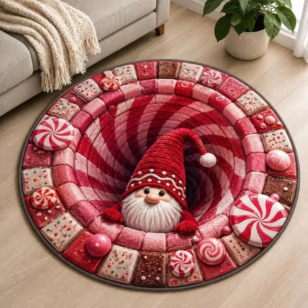 1PC Christmas home decoration carpet, cute dwarf candy vortex optical illusion circle area carpet, 2D flat printing circular carpet, suitable for living room, bedside, bedroom, entrance Christmas foot mats, holiday living room decoration