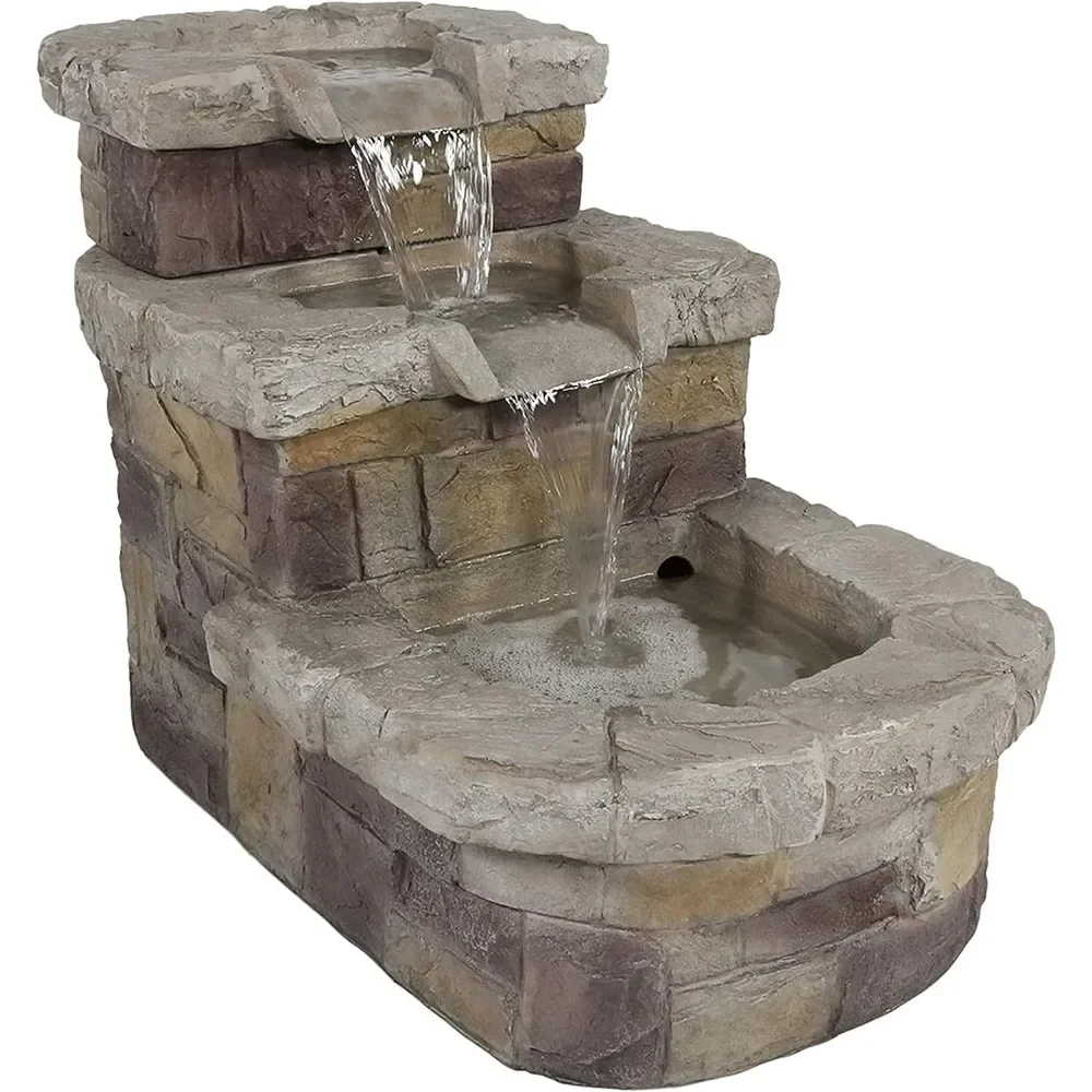 

21-Inch 3-Tier Brick Steps Outdoor Water Fountain, Patio and Garden Waterfall Feature, Waterfall Fountain