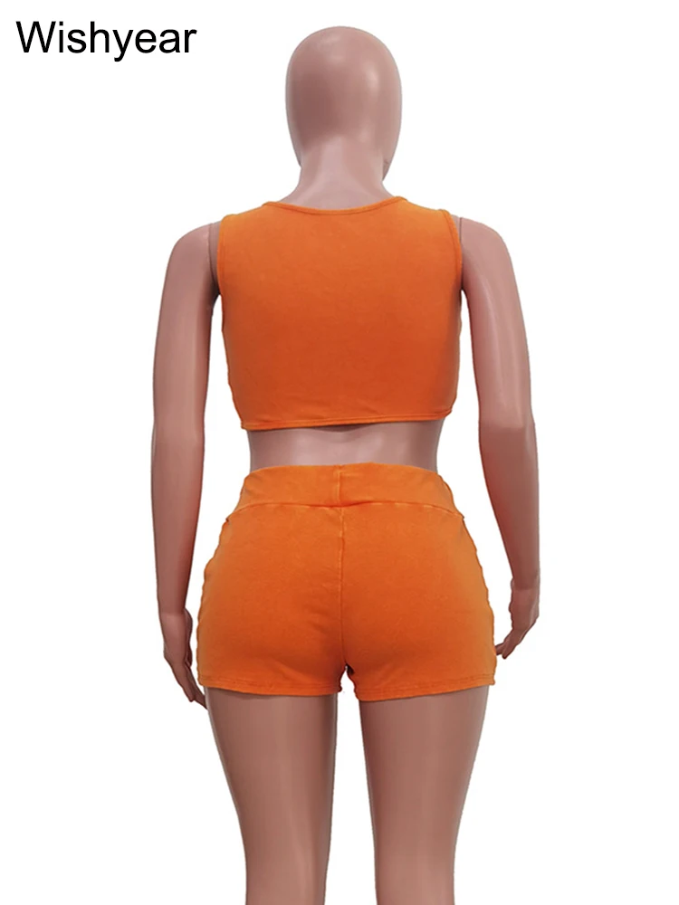 Sexy Strand Gebreide Geribbelde Oranje Twee 2 Stuks Sets Dameskleding Mouwloze Tanktops En Korte Broek Zomer Verjaardagsclub Outfits