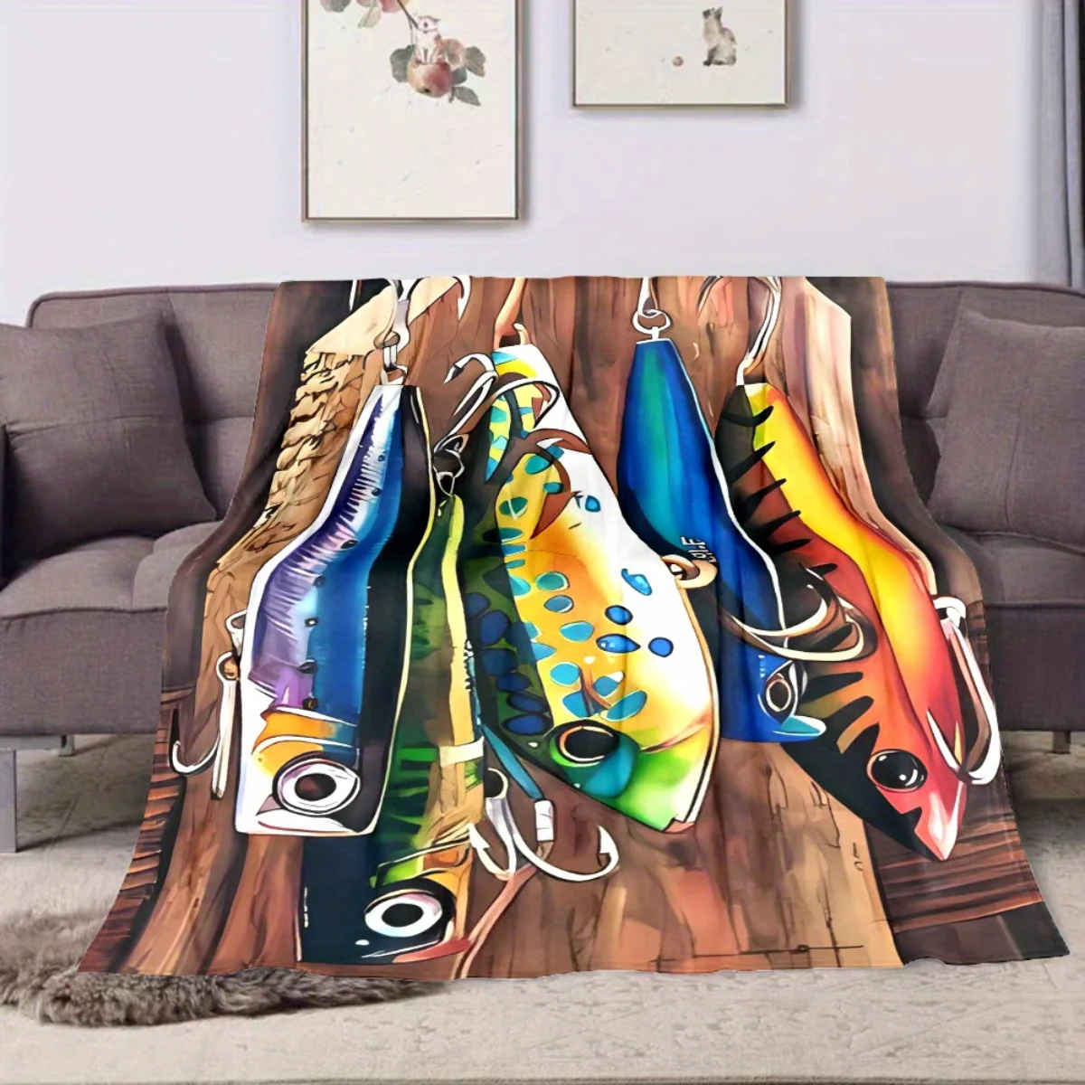 بطانية الفانيلا الناعمة والمريحة بنمط طعم الصيد مثالية للأرائك والأسرة والمكاتب والسفر والتخييم #3