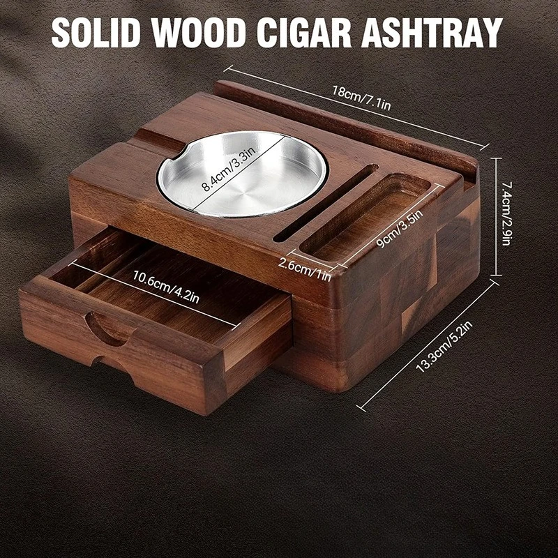 Wooden Cigar Ashtray Box with Drawer, Solid Wood Portable Car Ashtray for Cigars, Premium Cigar Accessory Gift