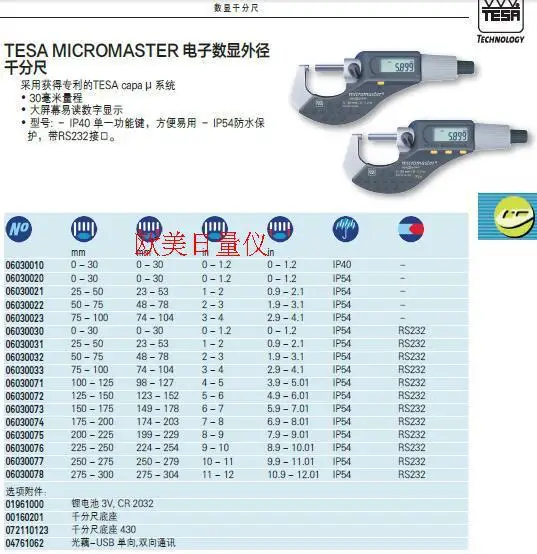 2025  TESA Measurement range 0-30mm Order number 06030030 Digital display outer diameter micrometer