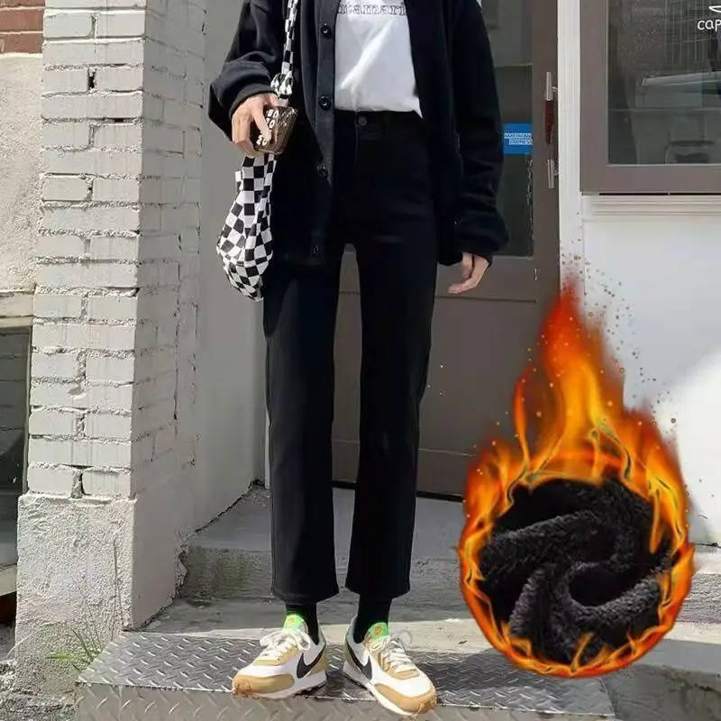 

Прямые джинсы с высокой талией на подкладке, женские джинсы Thiened Bla, утягивающие свободные брюки с девятью трубкой, зимние брюки