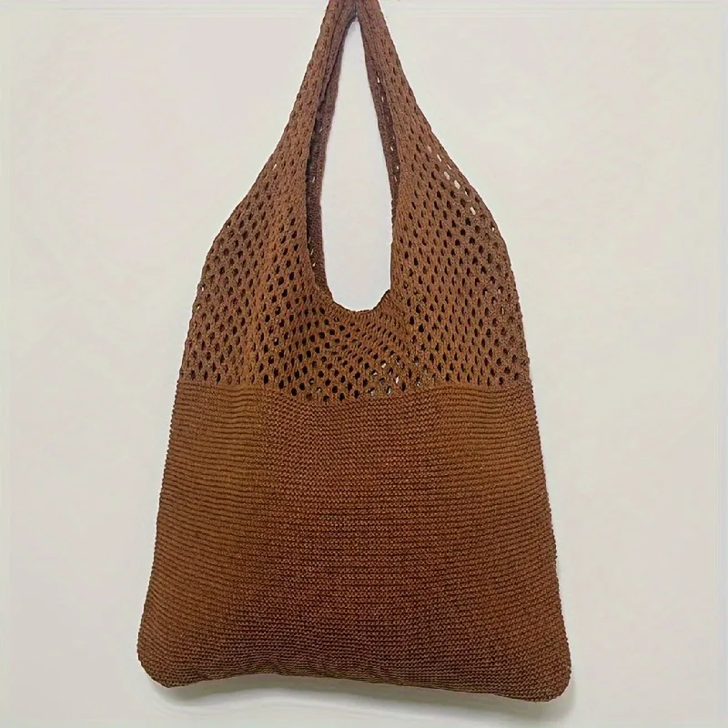 Ästhetische, ausgehöhlte Häkel tasche, Umhängetasche mit großer Kapazität, einfache gestrickte Einkaufstasche für Frauen – Detail 13