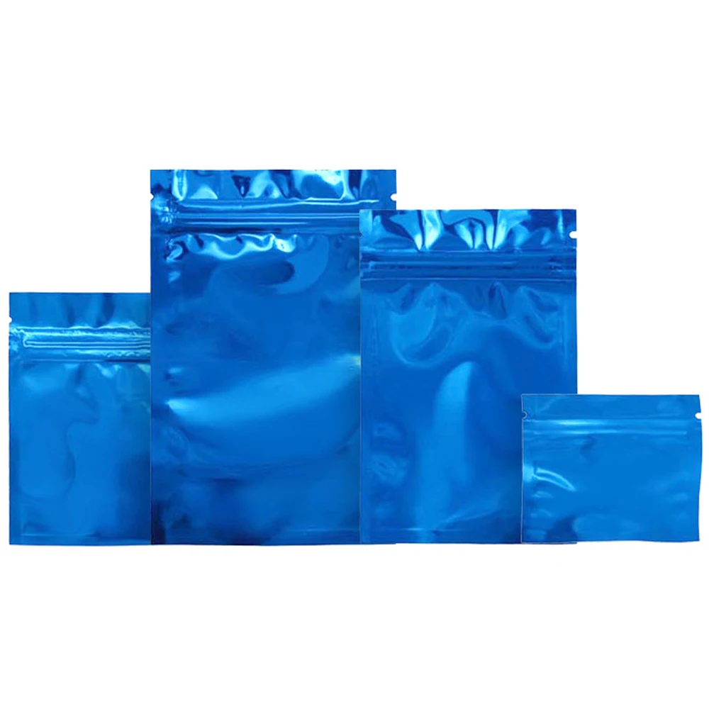 

100Pcs Blue Aluminum Foil Bag Zip Lock Heat Grip Seal Resealable Reclosable Food Snack Candy Gift Sundries Bean Packing Pouches