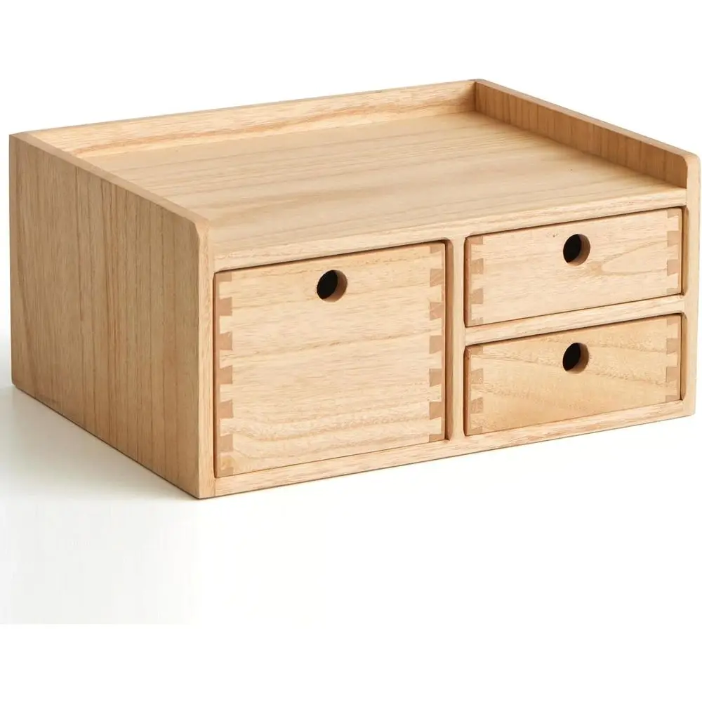 Wooden Desk Organizer with 3 Drawers and Top Tray, Stores Office Supplies, Toiletries, Tools, Crafts, and Small Accessories on D