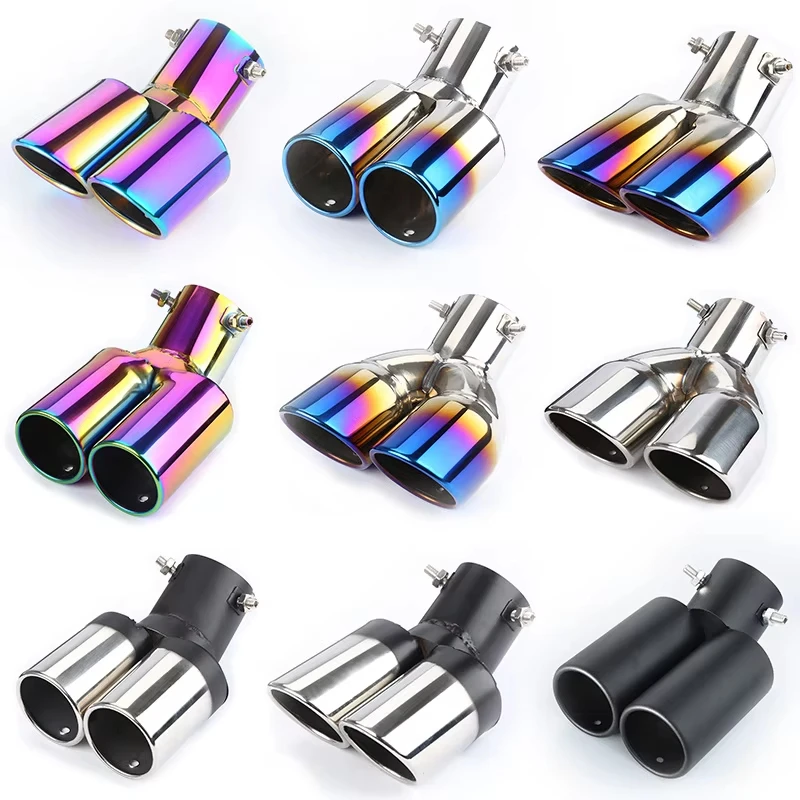 

63MM 2.5" Inlet Car Auto Exhaust Muffler Tip Stainless Steel Dual Pipe Trim Modified Car Rear Tail Throat Liner For Most Cars
