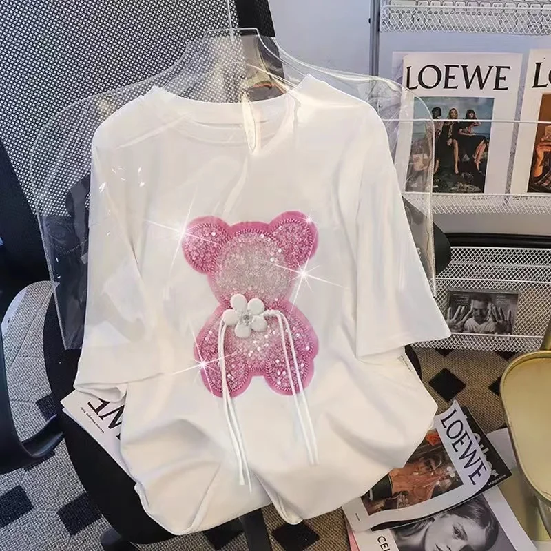 Tshirts For Women Summer Korean Fashion 100% Cotton Short Sleeve Tshirt Bear sequins Designer Clothes Women glitleringTops S-4XL