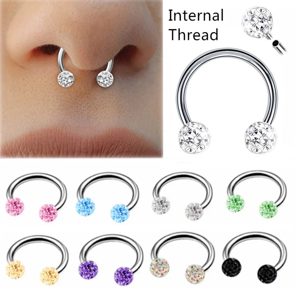 

6mm - 14mm Coated Crystal Internally Treaded Horseshoe Septum Nose Ring Steel Ear Monroe Lip Stud Piercing Jewellery