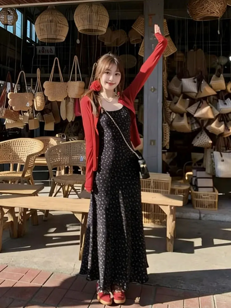 

Retro Floral Print ter Dr Women's Early Spring High-End Knitted Red Open Cardigan Two-Piece Set Breathable Long Sve