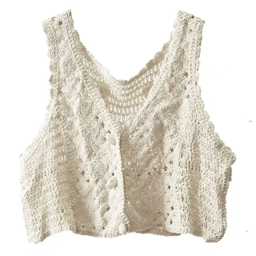 Vintage Hollow Out rompi Crochet Tank top Crop tanpa lengan kain rajutan atasan kasual pantai Chic tombol Up kardigan Wanita