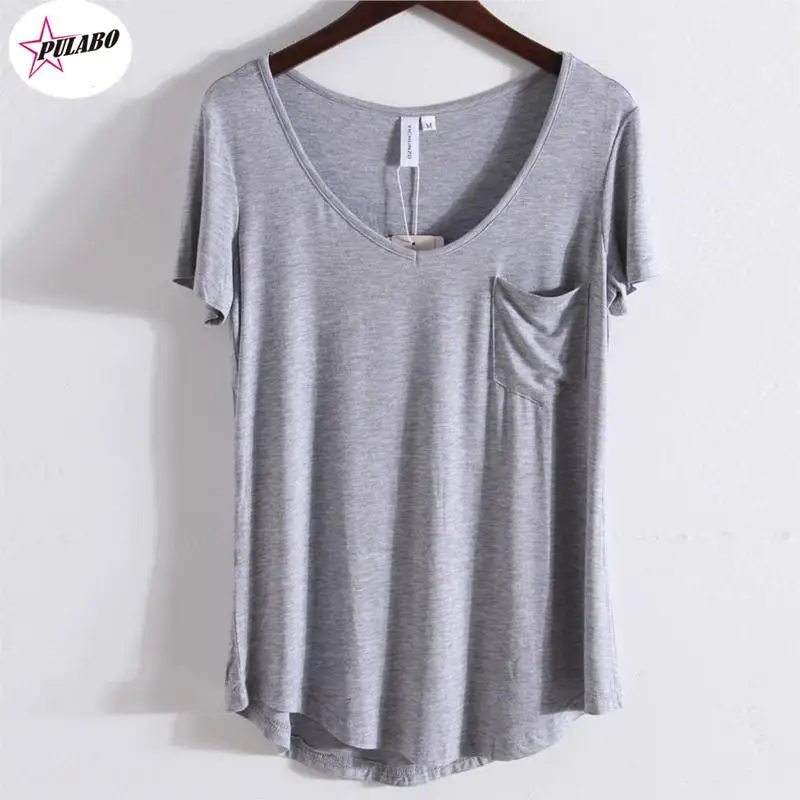 PULABO Tees Modal Pocket Summer Short Sleeve Loose Women V-neck Pure Color Soft T-shirt Black/Gray/White/Beige y2k