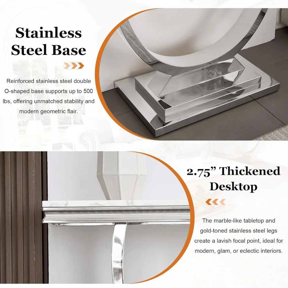 طاولة كونسول حديثة مستطيلة الشكل مع سطح من الرخام الصناعي الأبيض وإطار فضي من الفولاذ المقاوم للصدأ