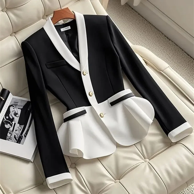 Xiaoxiangfeng High-End Luxury Contrasting Color Waist Cinched V-Neck Long Sleeved Small Suit Gentle Socialite Style Suits Jacket