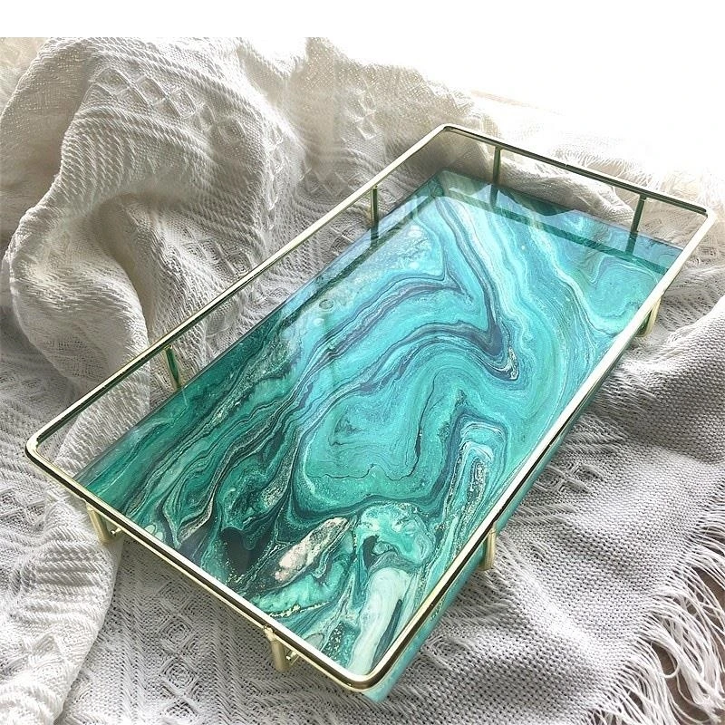 Blue Sea Wave Texture Storage Tray Rectangle Glass Serving Trays Dresser Table Cosmetic Containers Jewelry Organizer Platter