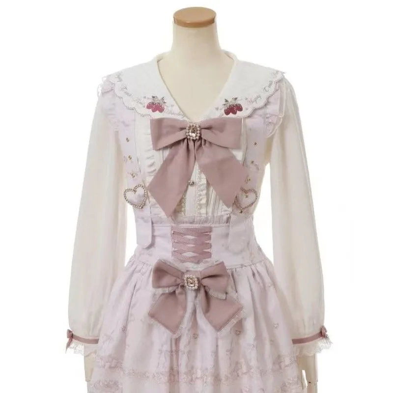 Bow Strap Skirt Dresses Y2K Love Japan Landmine Dire Ribbon Bow Diamond Studded Buckle Detachable Printed Strap Skirt Dresses