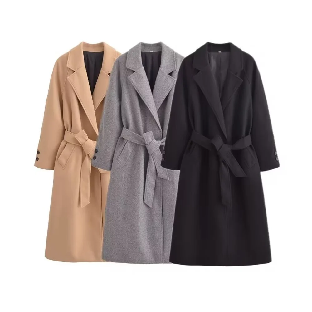 Taop&Za2024 winter new women's clothing style simple and slim fit casual with belt long woolen coat jacket