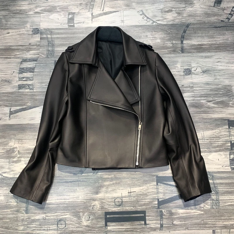 Chaqueta de piel de cordero auténtica para mujer, Chaqueta corta de cuero marrón y negro para primavera