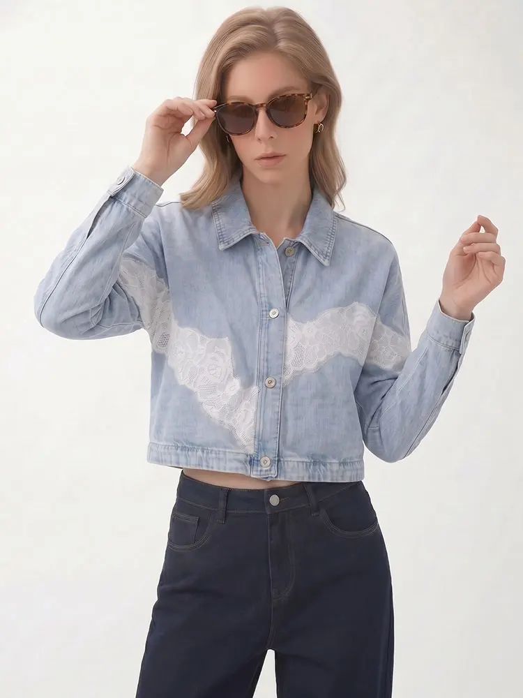 HH Womens Loose Blue Denim Jacket Lace Trim Long Sleeve Button Front Cropped Coats Date High Street Casual Summer Vacation Coat view 3