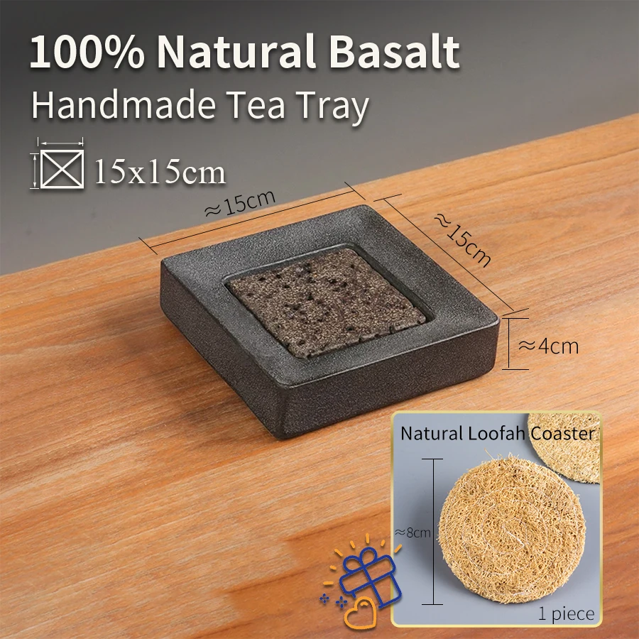 Tee-Tablett aus Naturstein, 15 cm, quadratisch, aus schwarzem Basalt, saugfähiger Teekannenhalter, Gongfu-Teezeremonie, Wabi-Sabi Zen Teegeschirr, Geschenk – Detail 1