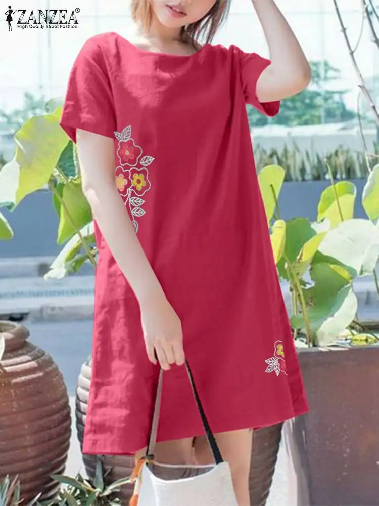 

ZANZEA Women Summer Embroidery Floral Dress Casual Holiday Vestidos Robe Femme Vintage O Neck Short Sleeve Beach Sundress 2024