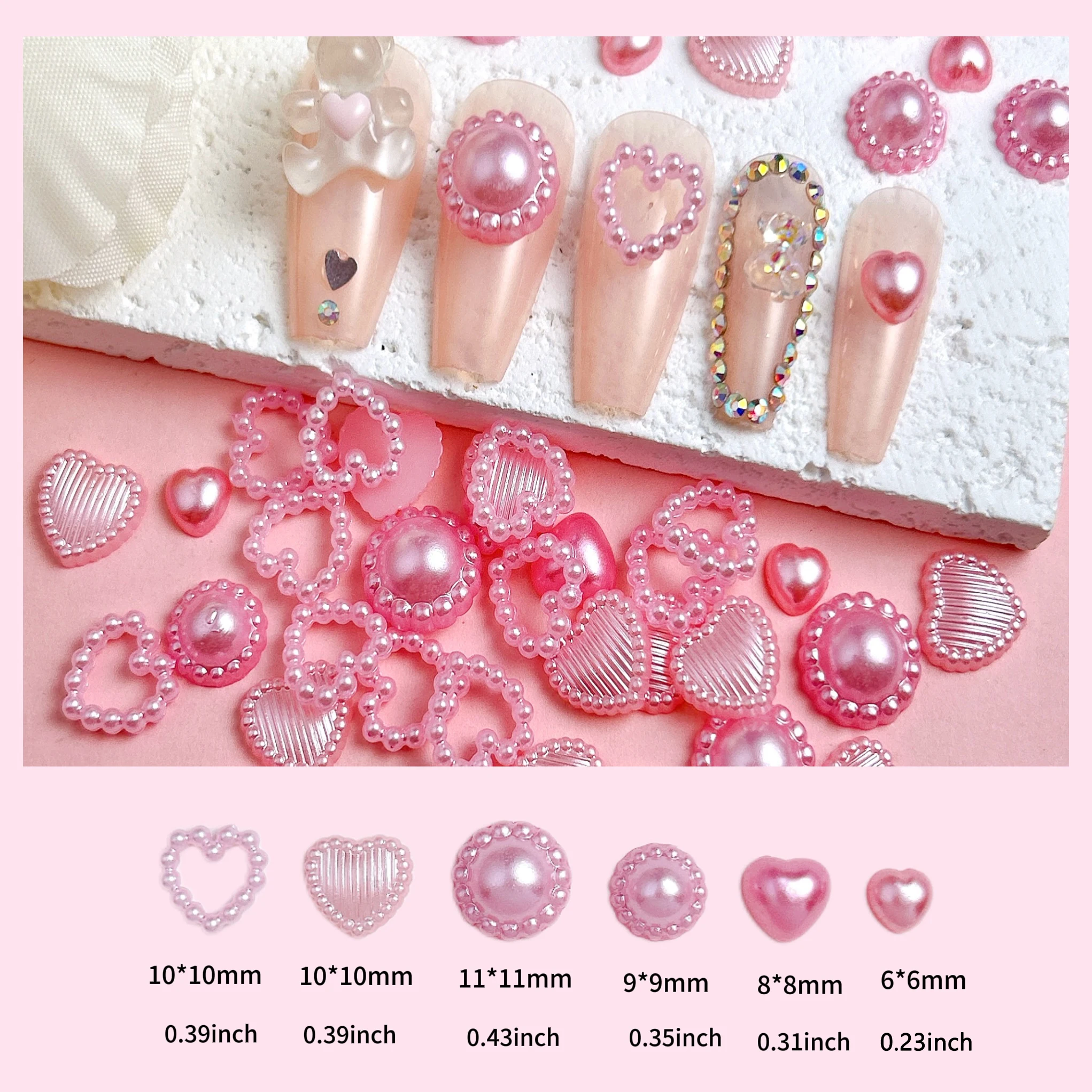 30PCS Simulated Hollowed Pearl Heart Nail Art Charms Double Colors Artificial Flatback Peach Heart Pearl Nail Decorations DIY