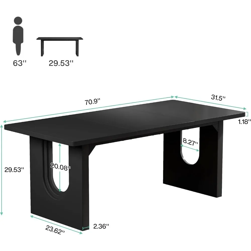 6 tot 8 personen, 71 inch grote keukeneettafel met houten onderstel, rechthoekig, eetkamer, woonkamer, zwart