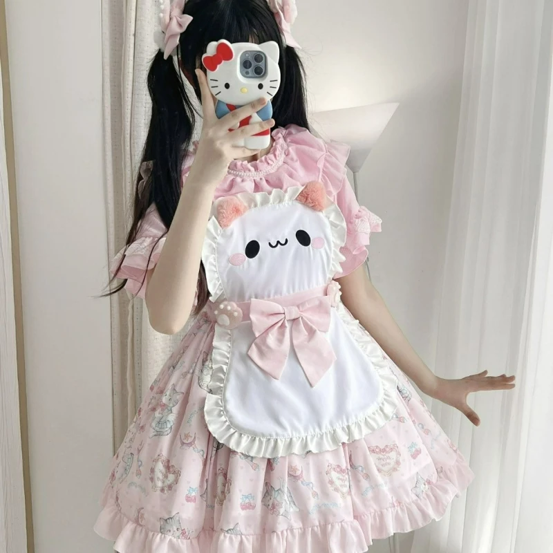 

Japan Harajuku Sweet Lolita Style Dress Women Kawaii Cute Bow Cartoon Print Ruffles with Apron Maid Dress Tea Party Mini Dresses